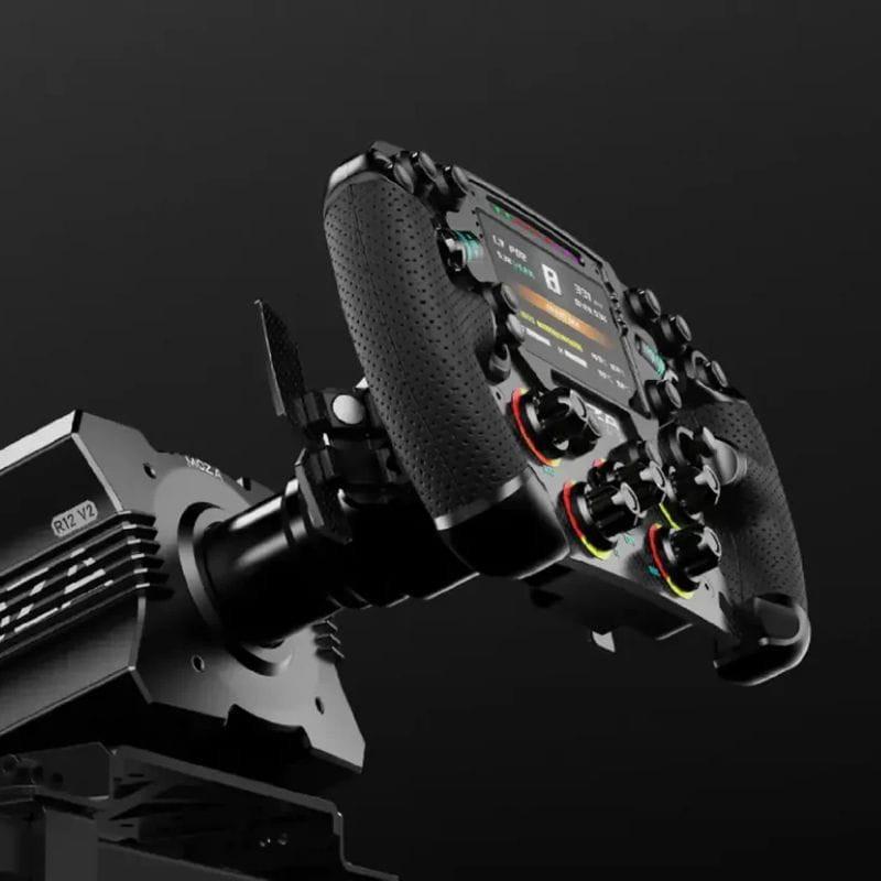 Base Direct Drive Moza Racing R12 V2 12 Nm avec volant pro: boîtier noir robuste, fixation rigide, palettes métalliques, écran central, boutons