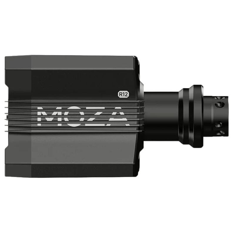 Moza Racing R12 V2 base de volant Direct Drive 12 Nm, boîtier noir angulaire avec ailettes de refroidissement et logo MOZA latéral, arbre de fixation robuste