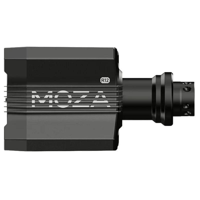 Moza Racing R12 V2 base de volant Direct Drive 12 Nm, boîtier noir angulaire avec ailettes de refroidissement et logo MOZA latéral, arbre de fixation robuste