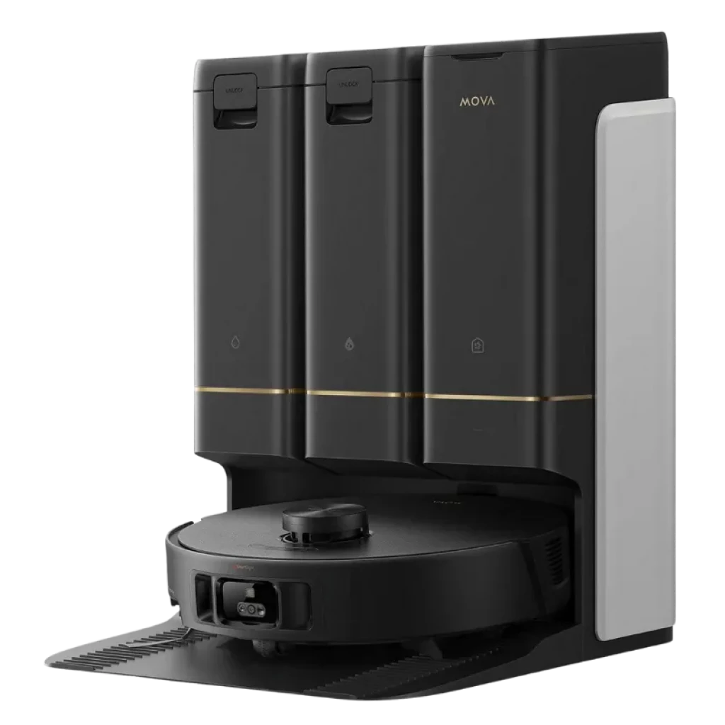 Mova Z50 Ultra Negro con base multifunción: triple depósito, dock automático y robot circular con sensor LiDAR; diseño elegante con detalles dorados.