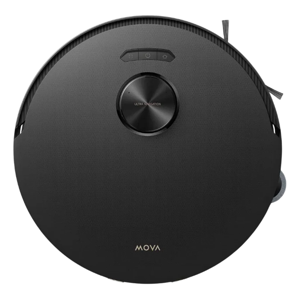 Aspirador robot Mova Z50 Ultra negro con diseño circular, superficie mate, botón central Ultra Navigation y panel superior con tres controles táctiles