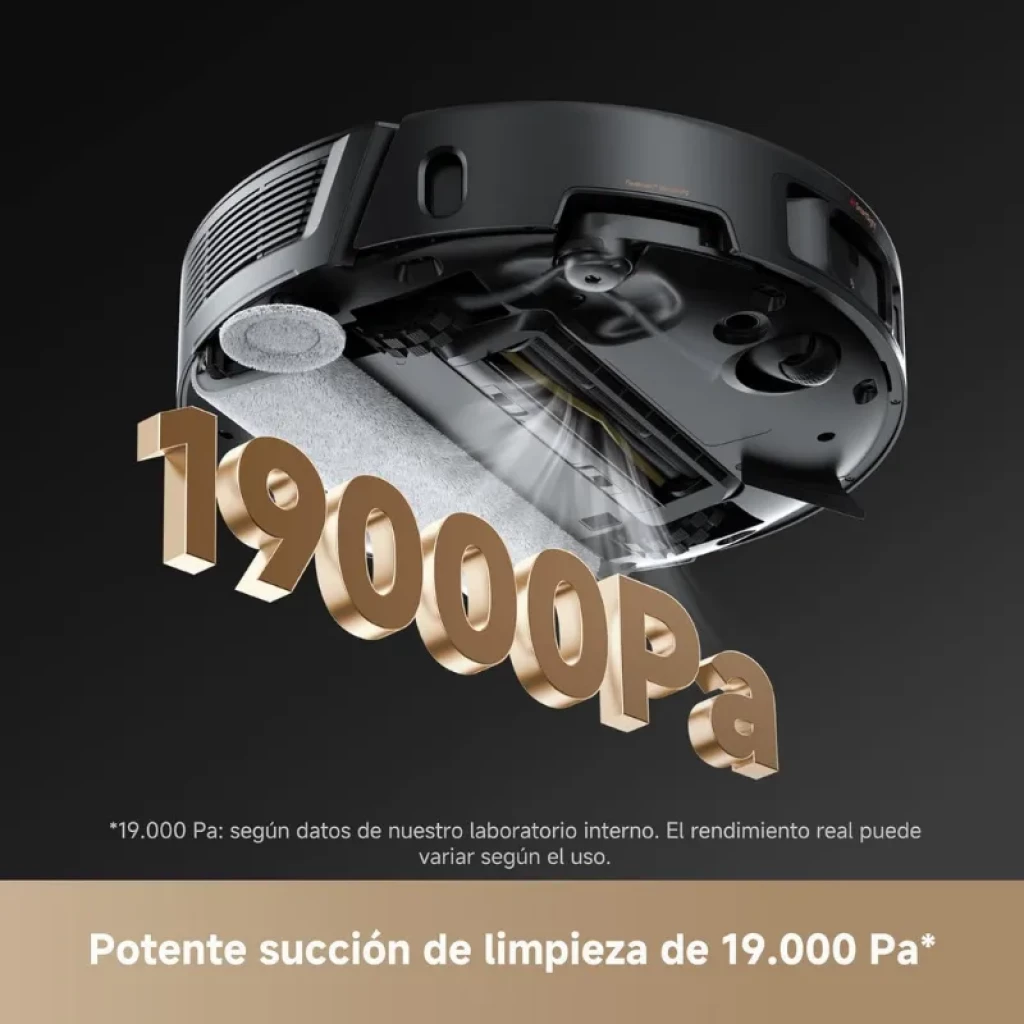 Mova Z50 Ultra Negro aspirador robot con succión de 19000 Pa, diseño circular elegante, cepillos inferiores visibles y luz que resalta potencia de limpieza