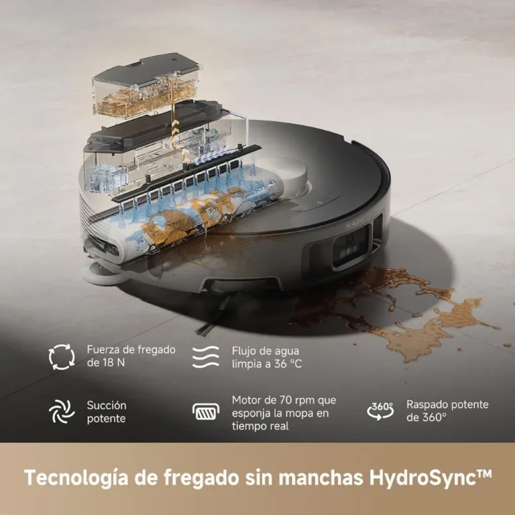 Mova Z50 Ultra Negro: robot aspirador con succión potente, mopa HydroSync, flujo de agua a 36 °C, raspado 360°, motor 70 rpm y panel frontal con sensores