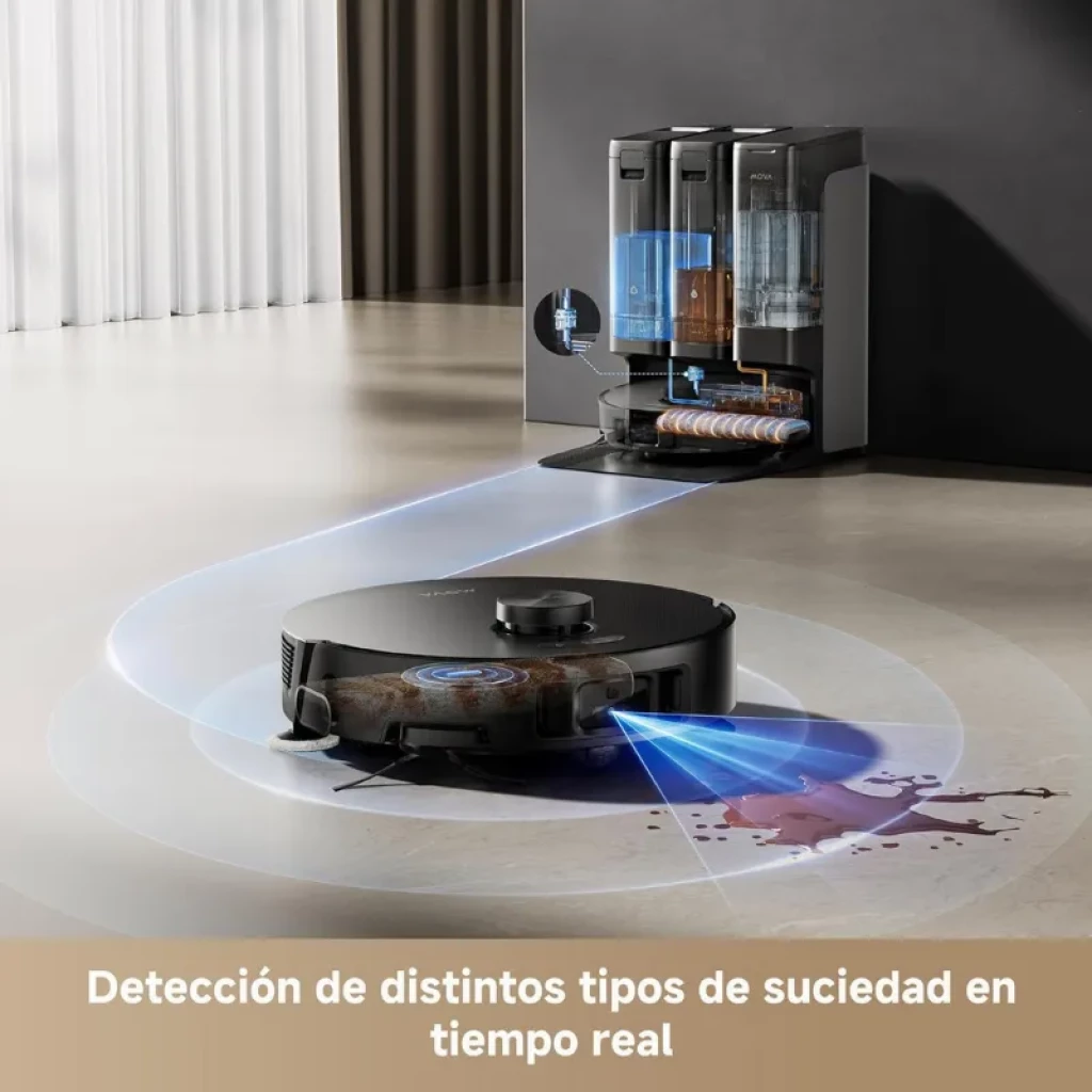 Mova Z50 Ultra Negro: robot aspirador con detección de suciedad en tiempo real, base de autolimpieza y succión potente; luces azules indican escaneo