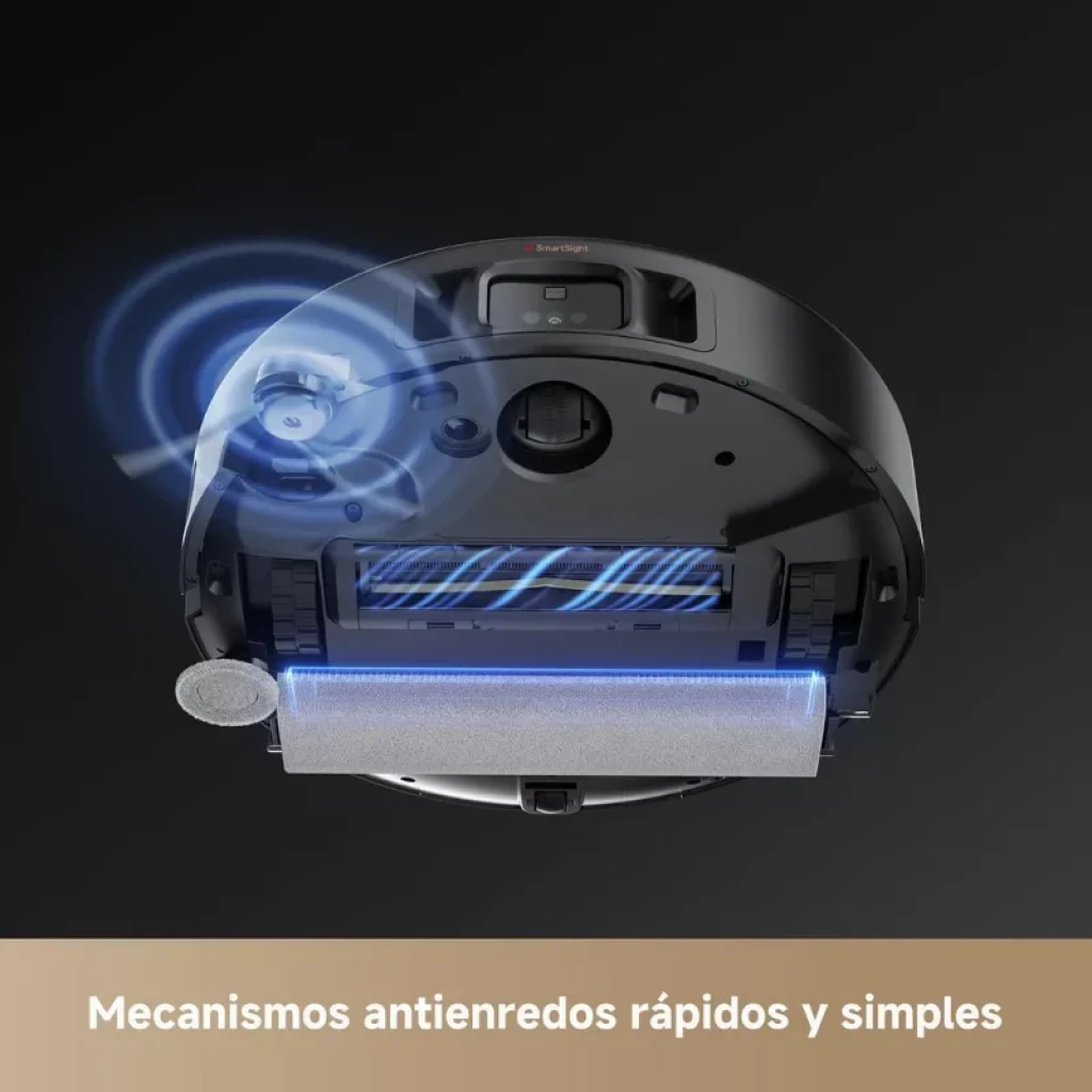 Parte inferior del Mova Z50 Ultra Negro con cepillo ancho, rodillo de esponja, luz azul y sistema antienredos; diseño redondo y sensores frontales