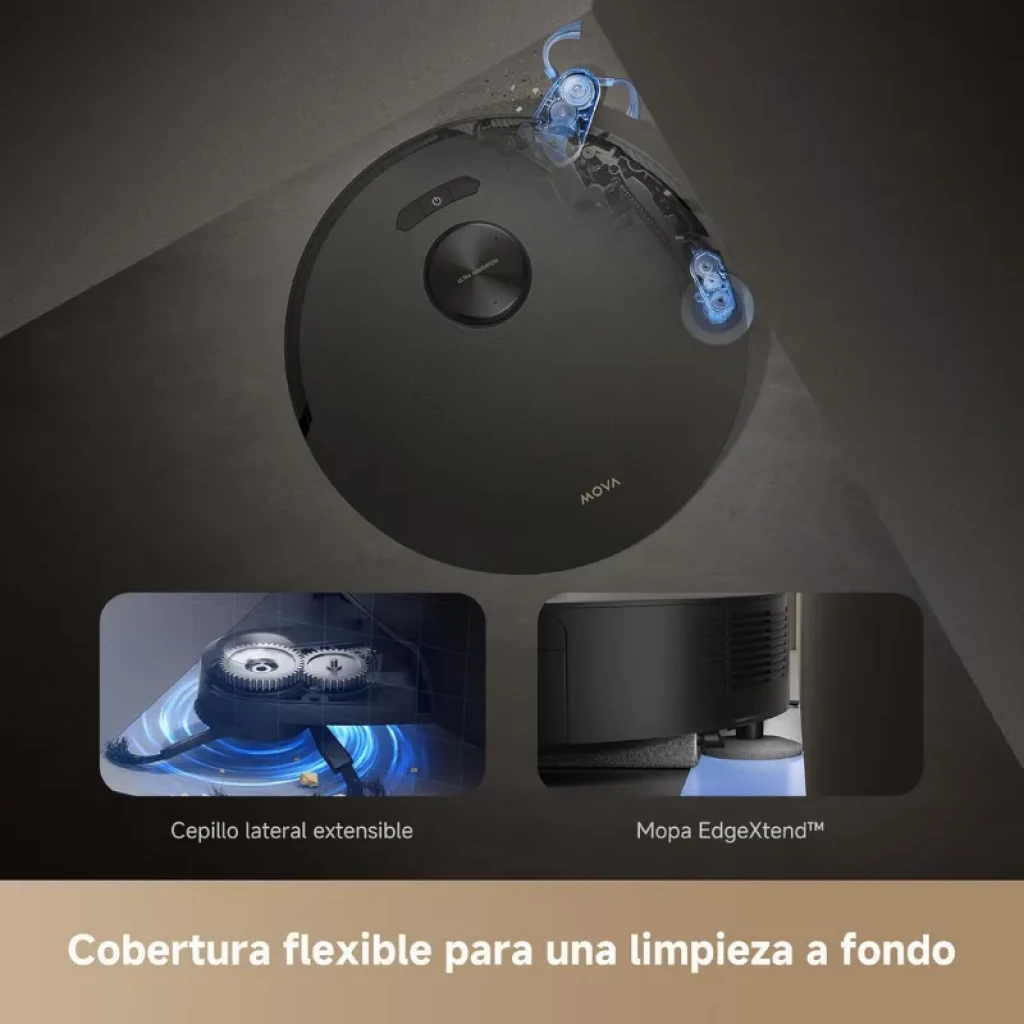 Mova Z50 Ultra Negro con cepillo lateral extensible y mopa EdgeXtend, diseño circular negro mate con torreta superior y botones, ideal para bordes y esquinas