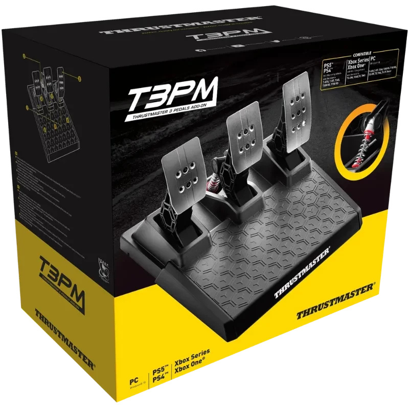 Thrustmaster T3PM pedales magnéticos de 3 piezas en base antideslizante, placas metálicas perforadas y resorte visible; compatible con PC, PlayStation y Xbox