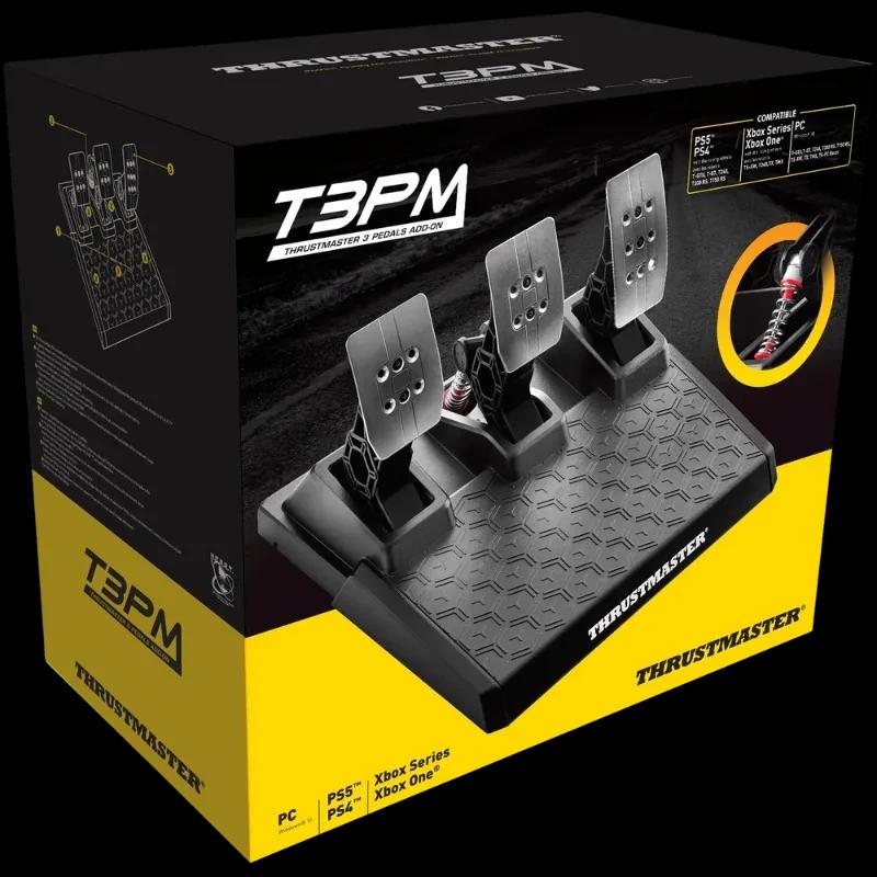 Thrustmaster T3PM pedales magnéticos de 3 piezas en base antideslizante, placas metálicas perforadas y resorte visible; compatible con PC, PlayStation y Xbox
