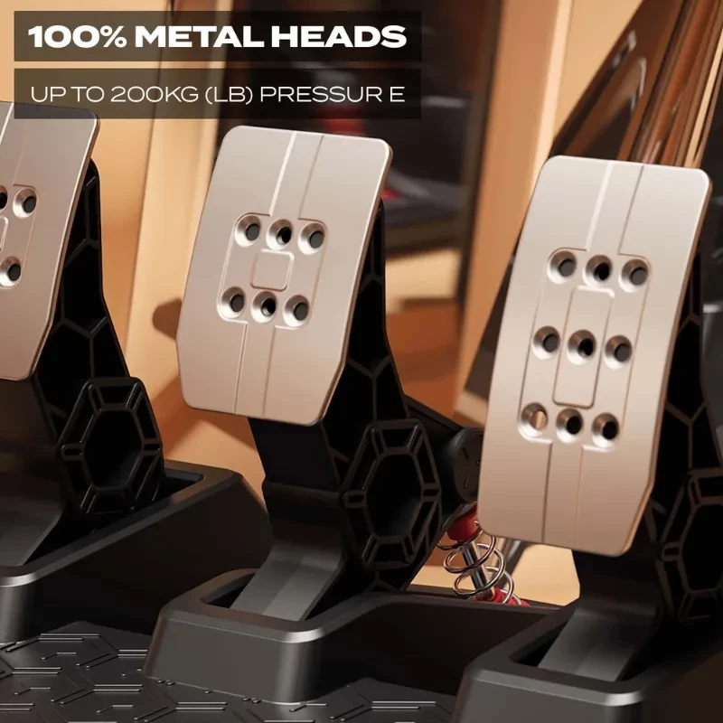Thrustmaster T3PM: pedales magnéticos con placas metálicas, base antideslizante, resortes visibles y ajuste robusto, soportan hasta 200 kg de presión