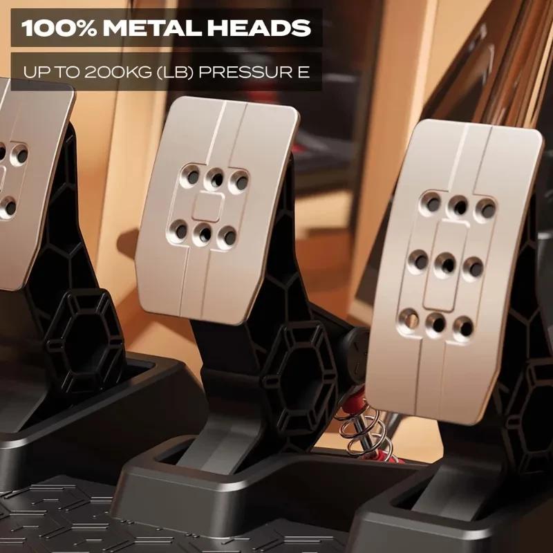 Thrustmaster T3PM: pedales magnéticos con placas metálicas, base antideslizante, resortes visibles y ajuste robusto, soportan hasta 200 kg de presión