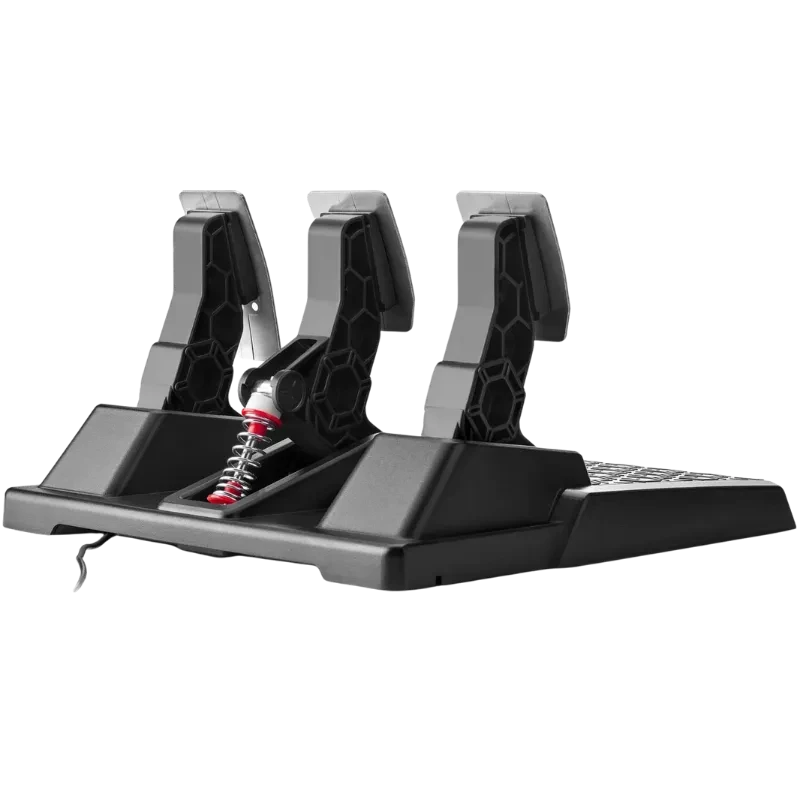 Thrustmaster T3PM Pedales Magnéticos: base negra robusta con tres pedales anchos de patrón hexagonal y resorte visible en el freno para mayor resistencia