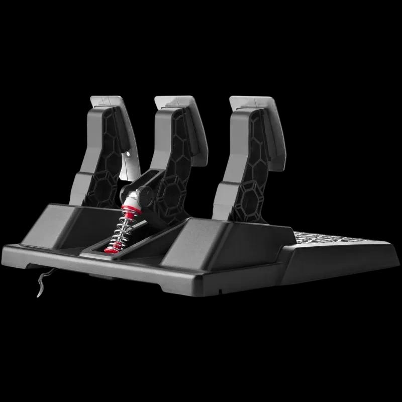 Thrustmaster T3PM Pedales Magnéticos: base negra robusta con tres pedales anchos de patrón hexagonal y resorte visible en el freno para mayor resistencia
