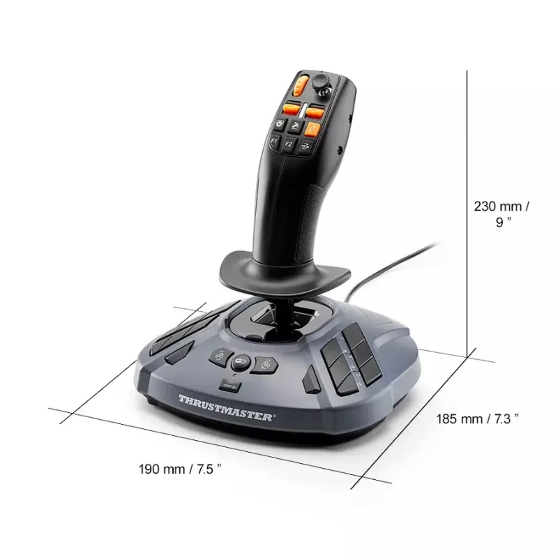 Thrustmaster SimTask FarmStick Joystick PC avec base stable, manche ergonomique, multiples boutons orange et noirs, câble USB, dimensions marquées sur
