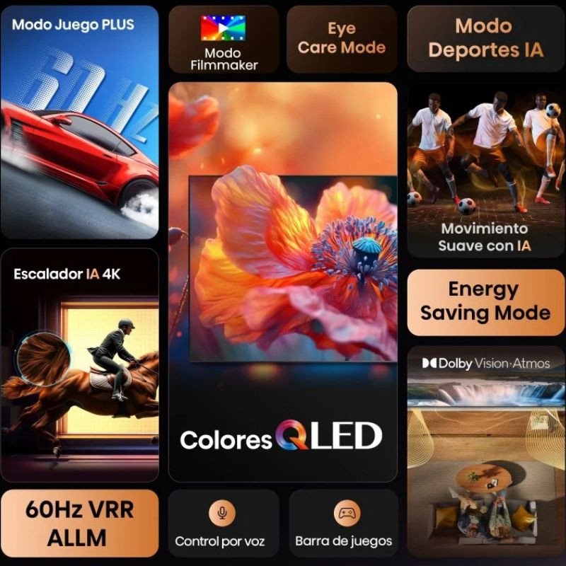 Hisense 85E7Q 85 polegadas 4K QLED preto com Dolby Vision Atmos, VRR 60Hz, ALLM, modos Filmmaker e Desporto IA, controlo por voz e cores vibrantes