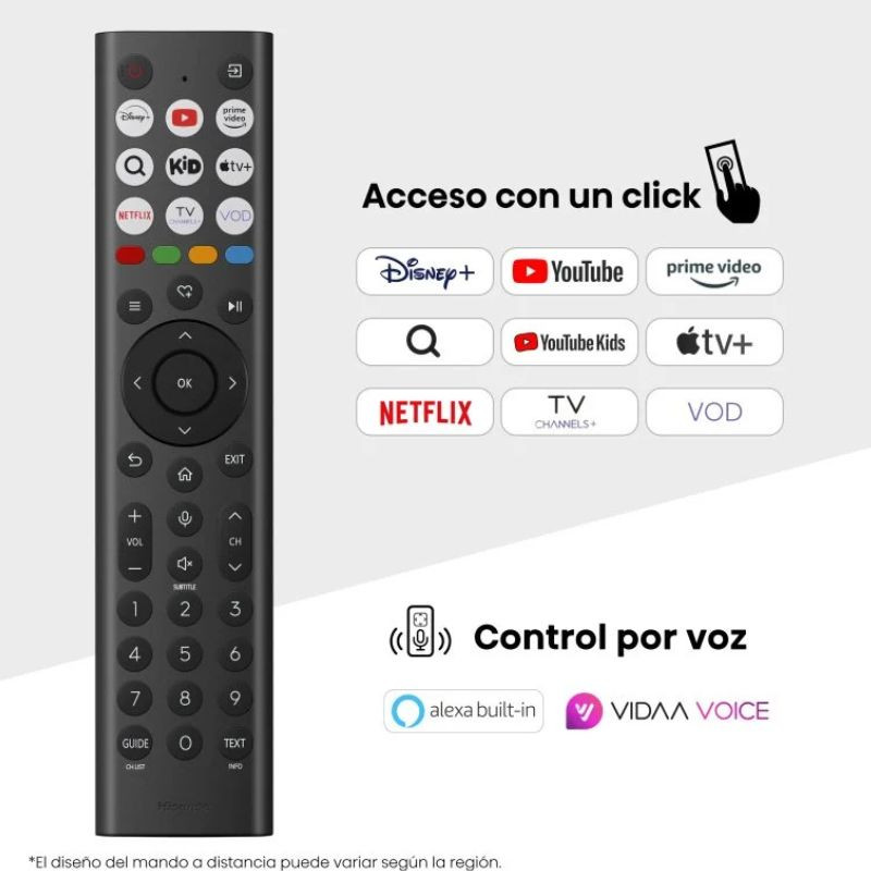Controle remoto da Hisense 85E7Q preto com botões de acesso rápido a Disney+, YouTube, Prime Video, Netflix, Apple TV e controle por voz Alexa e VIDAA