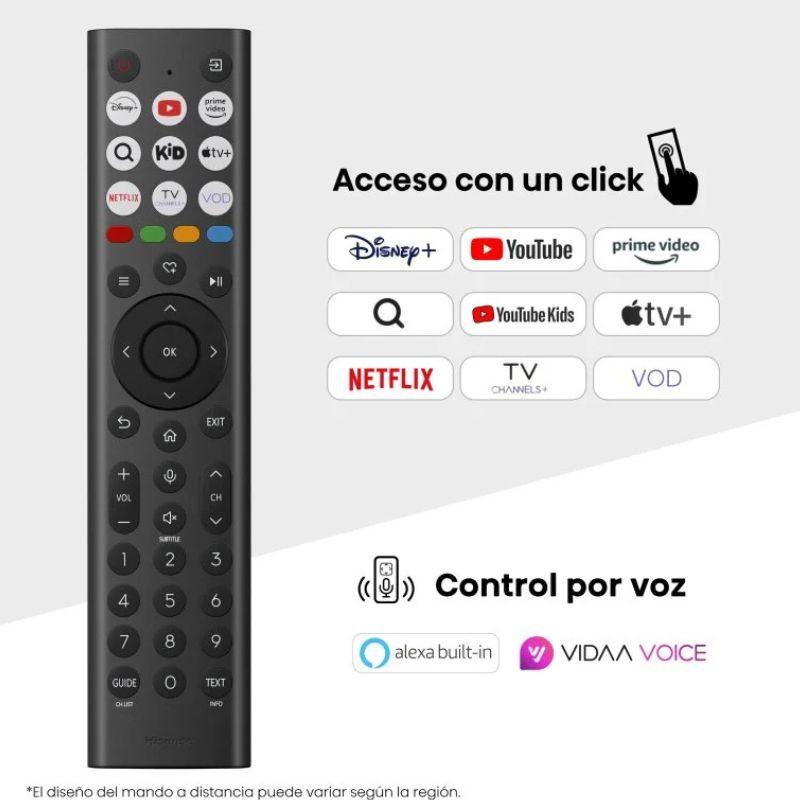 Controle remoto da Hisense 85E7Q preto com botões de acesso rápido a Disney+, YouTube, Prime Video, Netflix, Apple TV e controle por voz Alexa e VIDAA