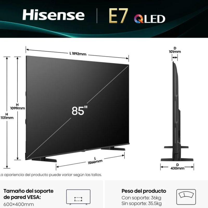 Hisense 85E7Q 85 polegadas 4K Ultra HD QLED Preto, tela ampla com bordas finas, suporte duplo, espessura delgada e padrão VESA 600x400 mm