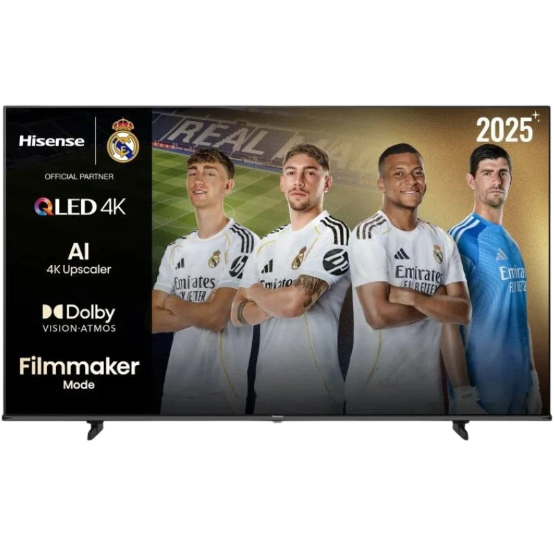 Hisense 85E7Q 85 polegadas 4K QLED preta com moldura fina, pés duplos e logotipos QLED 4K, AI Upscaler, Dolby Vision Atmos e Filmmaker Mode na tela