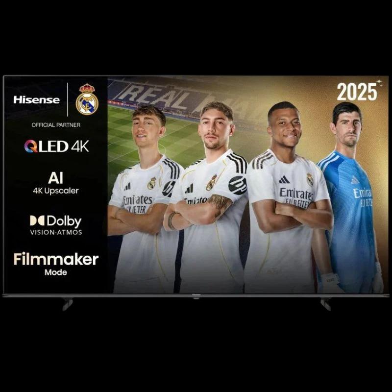Hisense 85E7Q 85 polegadas 4K QLED preta com moldura fina, pés duplos e logotipos QLED 4K, AI Upscaler, Dolby Vision Atmos e Filmmaker Mode na tela