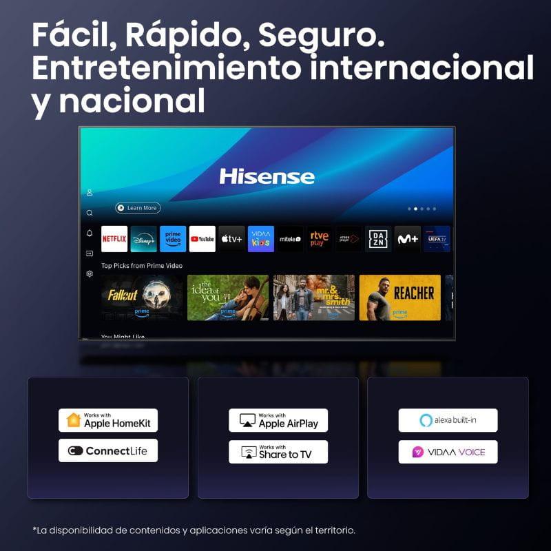 Hisense 85E7Q PRO 85 QLED 4K Ultra HD com bordas finas, interface Smart TV com apps populares, integração Apple AirPlay e HomeKit, Alexa e VIDAA Voice