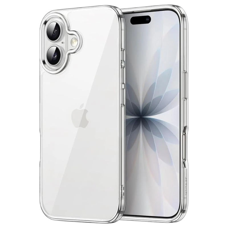 Capa protetora premium para iPhone 17 em acrílico transparente, antiamarelamento, bordas reforçadas, recortes precisos para câmera dupla e botões alinhados