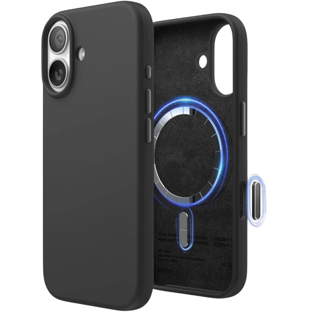 Funda Suave Magsafe Compatible iPhone 17 Negro con acabado mate, bordes elevados, doble cámara protegida, anillo magnético interno y botones precisos