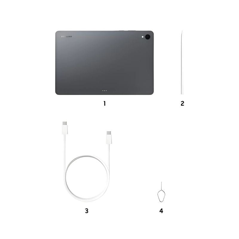 Tablette Samsung Galaxy Tab S11 grise, 11 pouces AMOLED 120 Hz, 12 Go de RAM, 128 Go, Dimensity 9400+, IP68 et S Pen inclus. Contenu de l'emballage