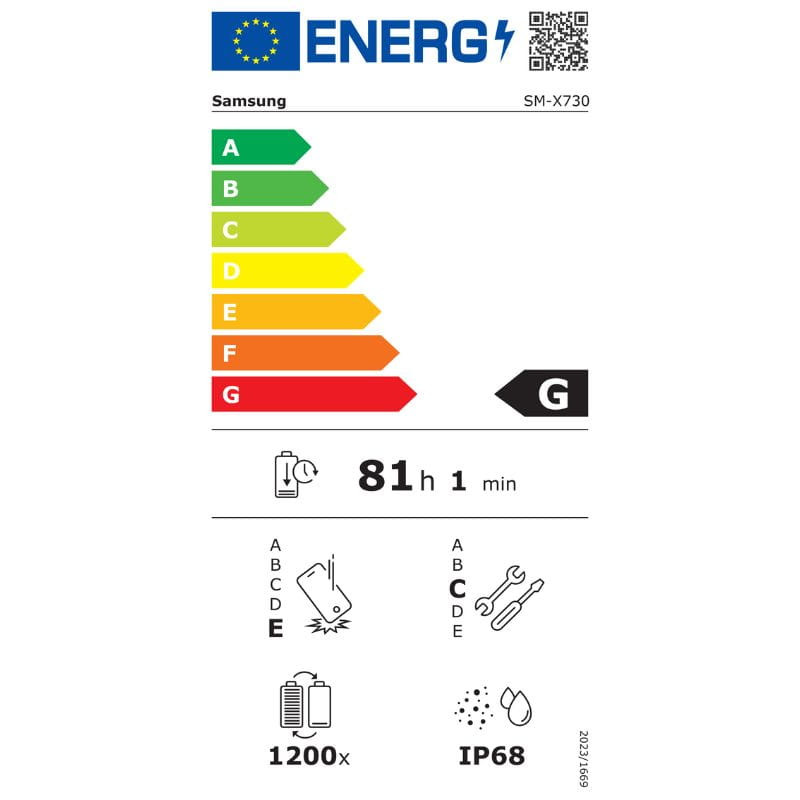 Tablette Samsung Galaxy Tab S11 grise, 11 pouces AMOLED 120 Hz, 12 Go de RAM, 128 Go, Dimensity 9400+, IP68 et S Pen inclus. Étiquette énergétique