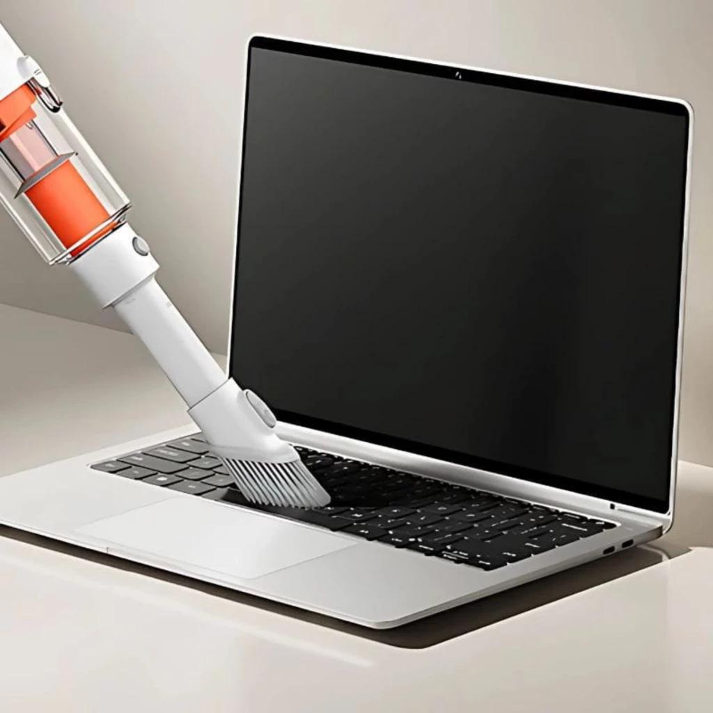 Xiaomi Vacuum Cleaner P30 con boquilla estrecha y cepillo suave limpiando teclado de portátil plateado; diseño blanco con depósito transparente naranja