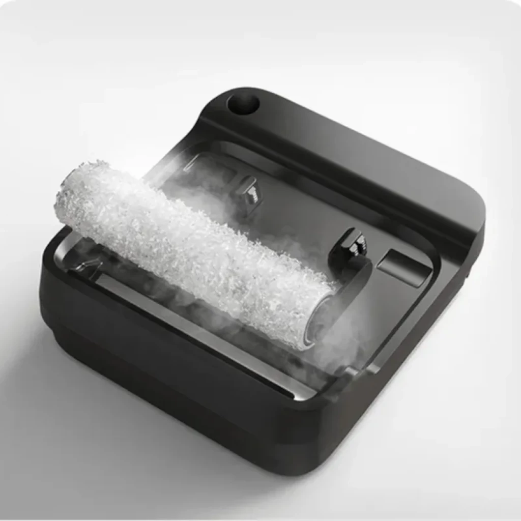 Base de autolimpieza para Xiaomi Truclean W30 Pro Wet Dry Vacuum con rodillo texturizado y vapor, diseño cuadrado en gris oscuro y cavidad lateral para agua