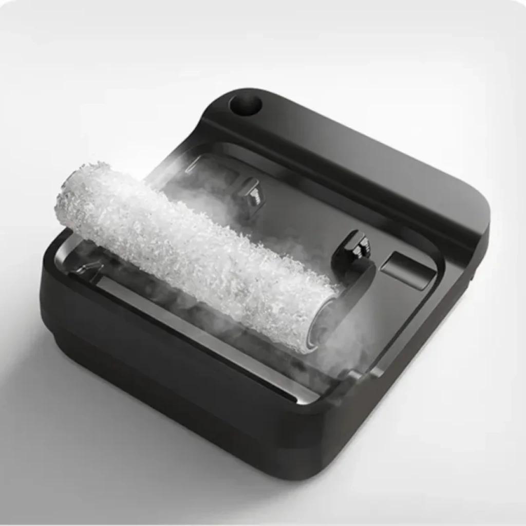 Base de autolimpieza para Xiaomi Truclean W30 Pro Wet Dry Vacuum con rodillo texturizado y vapor, diseño cuadrado en gris oscuro y cavidad lateral para agua