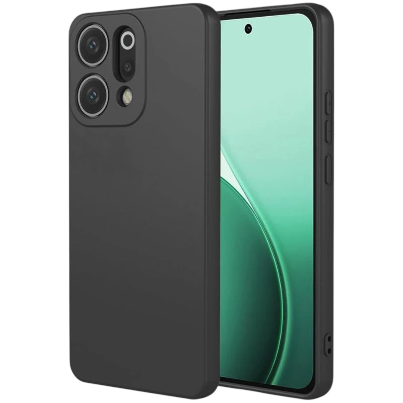Étui Funda Oppo Reno14 Square Liquid Premium Noir: coque noire mate, bords carrés, découpe précise triple caméra, boutons couverts, protection fine et