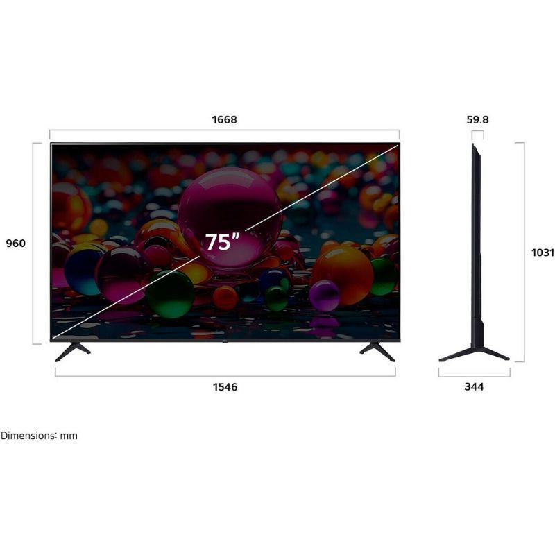 LG 75UA74006LB 75" 4K Ultra HD Smart TV Preto, medidas em mm da TV vista frontal e lateral