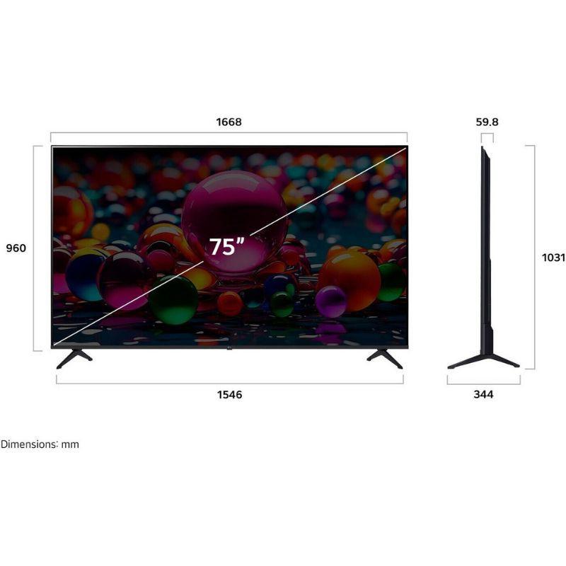 LG 75UA74006LB 75" 4K Ultra HD Smart TV Preto, medidas em mm da TV vista frontal e lateral