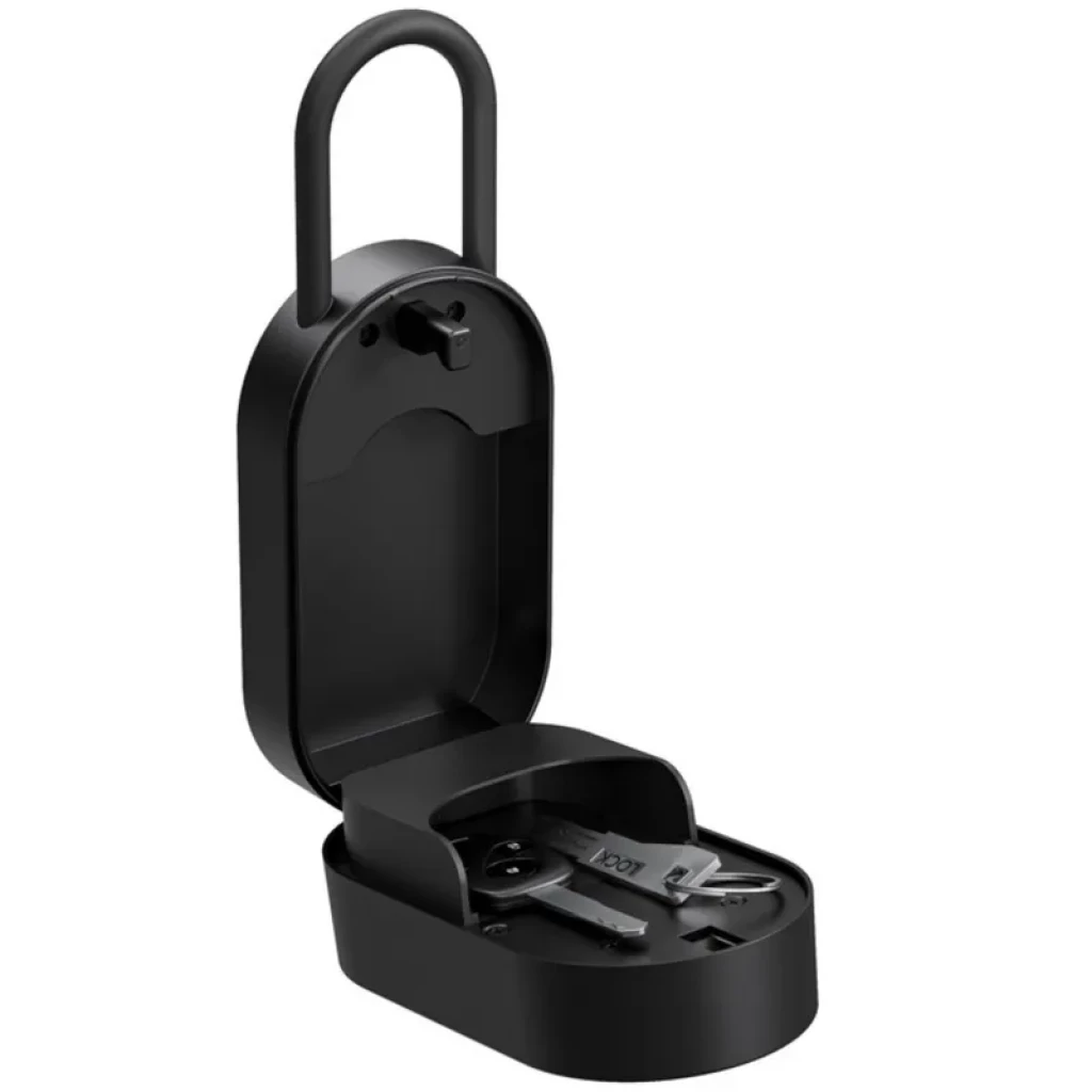 Lockin YEEUU K421 Cofre inteligente preto visto de lado, corpo robusto e fino com antena superior, botões laterais e porta inferior para acesso e alimentação