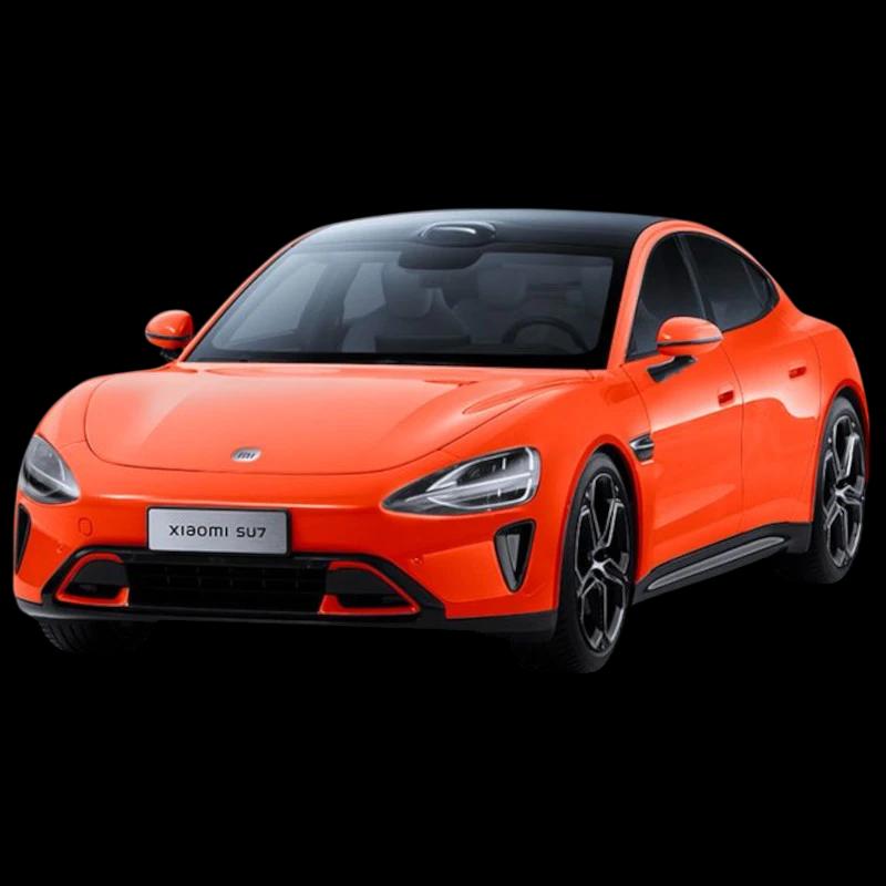 Xiaomi SU7 1/18 Die-cast Model Car Lava Laranja, esportivo em miniatura com carroceria laranja vibrante, teto panorâmico preto e rodas detalhadas