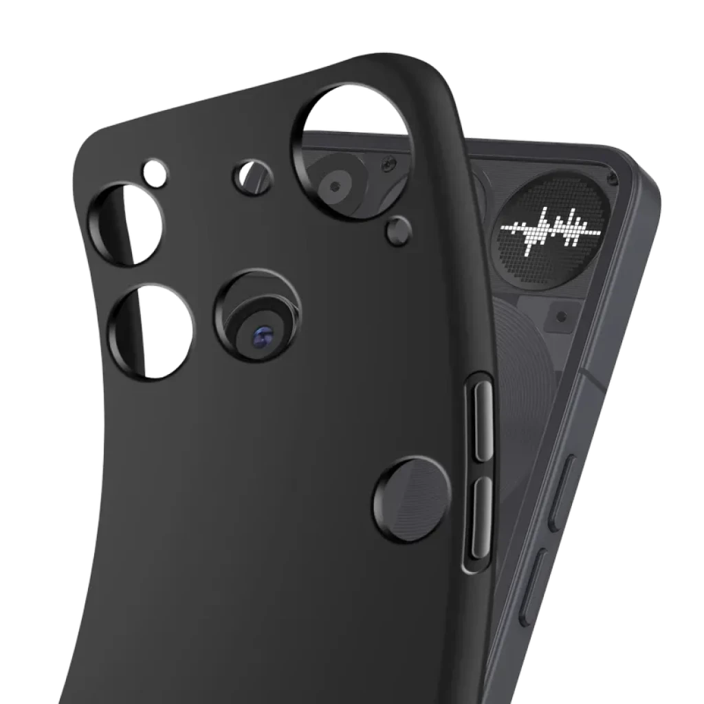 Capa para Nothing Phone 3 em preto fosco, bordas quadradas, recortes precisos para câmeras e botões, acabamento premium com proteção elegante
