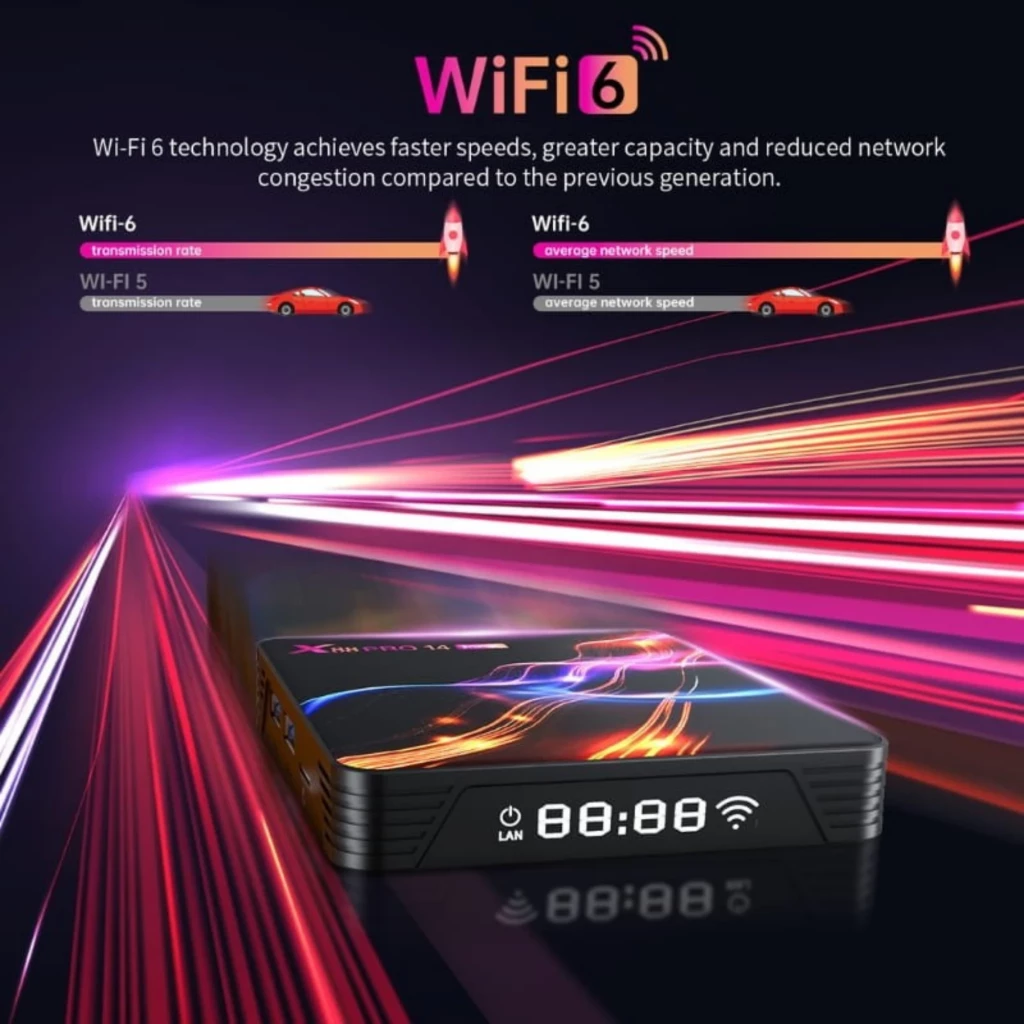Boîtier X88 PRO 14 Max RK3528 noir, affichage LED frontal, ports LAN/USB, logo WiFi 6 coloré, lignes lumineuses évoquant vitesse et performance