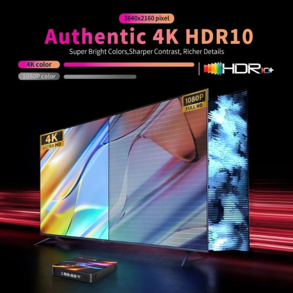 Boîtier X88 PRO 14 Max RK3528 affichant 4K HDR10: couleurs vives, contraste net, détails riches; interface Android 14, 4 Go RAM, 32 Go stockage
