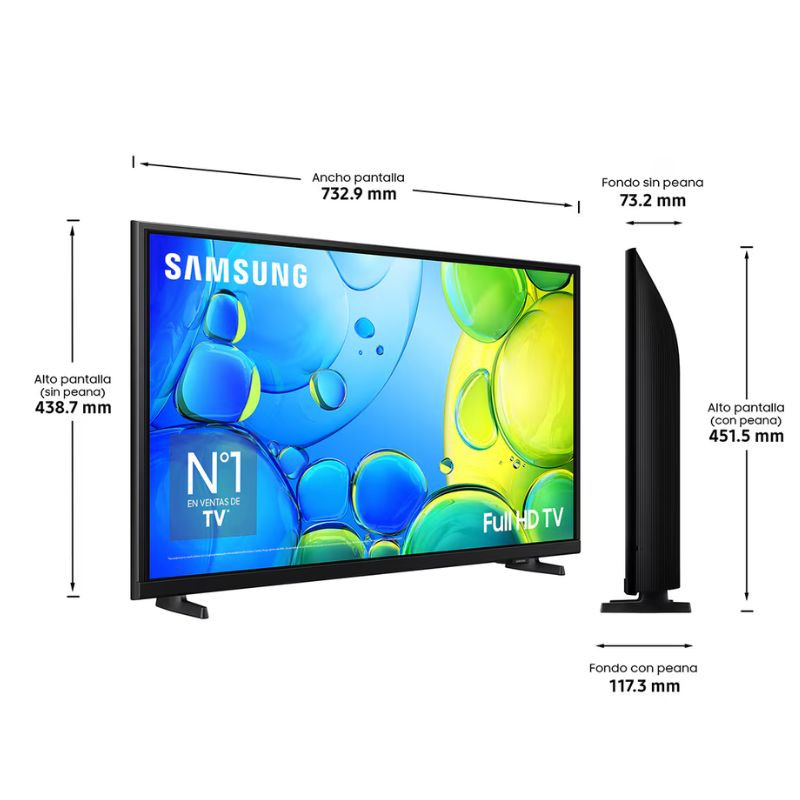 Samsung TU32F6005FK 32 Full HD LED Smart TV Preto, medidas em mm da tela frontal e lateral
