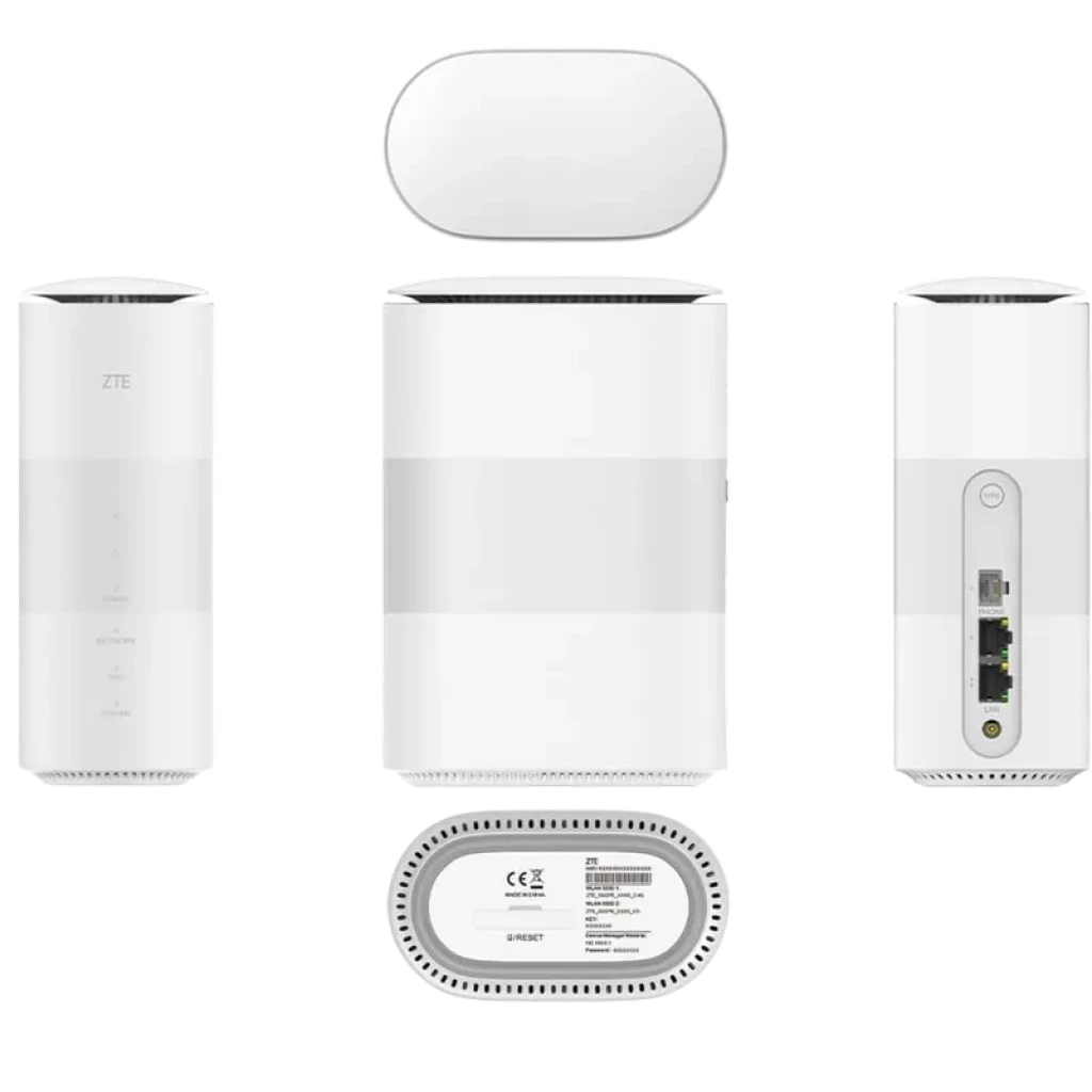 ZTE G5B Router 5G blanco cilíndrico, LED frontales, ranura SIM, 2 puertos Gigabit y botón WPS; rejillas inferiores para ventilación, diseño minimalista