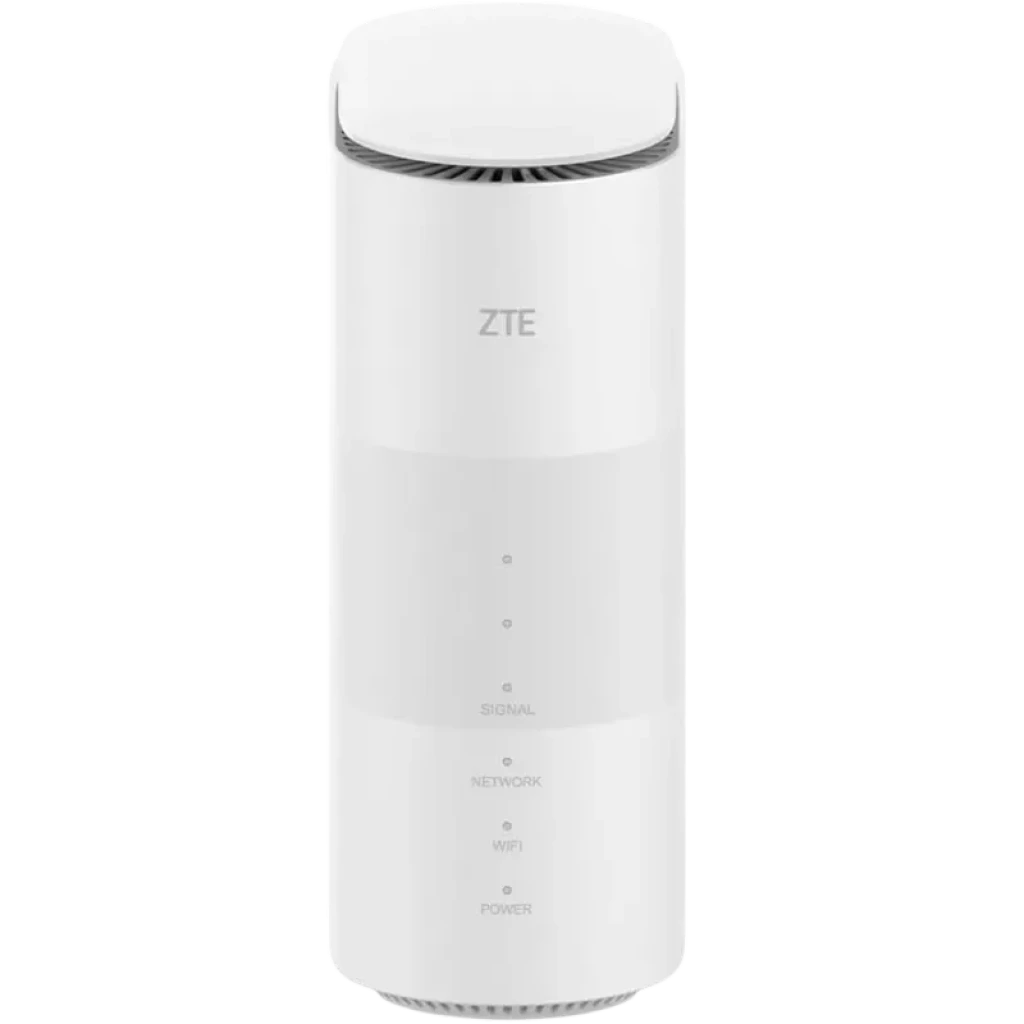 ZTE G5B Router 5G blanco cilíndrico con LEDs frontales de estado, rejillas de ventilación superiores y base antideslizante; diseño minimalista y compacto