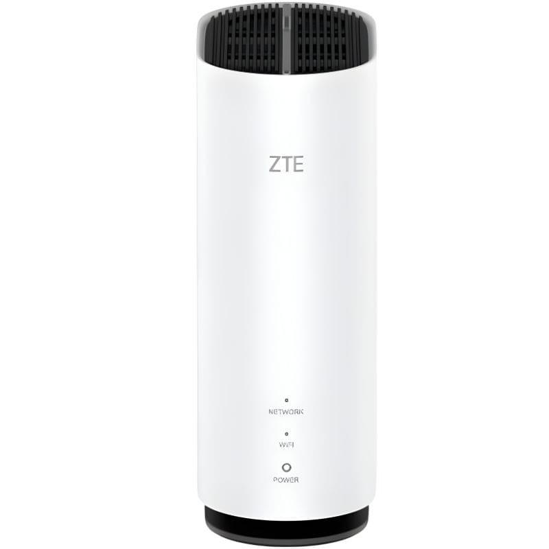 Router ZTE G5C 5G Wi-Fi 6 cilíndrico branco, grelha superior preta para ventilação, LEDs frontais de status Network, WiFi e Power, design minimalista