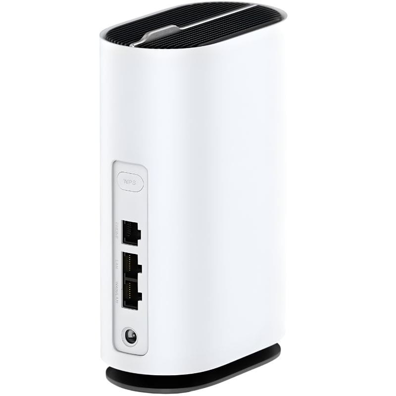 Router ZTE G5C 5G Wi‑Fi 6 con carcasa blanca vertical, rejilla superior negra, botón WPS lateral y puertos LAN y WAN Ethernet traseros