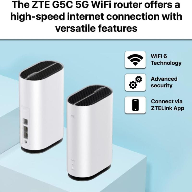 Router ZTE G5C 5G Wi‑Fi 6 en color blanco, diseño vertical con rejilla negra, puertos LAN y botón WPS visibles, compatible con app ZTELink y seguridad