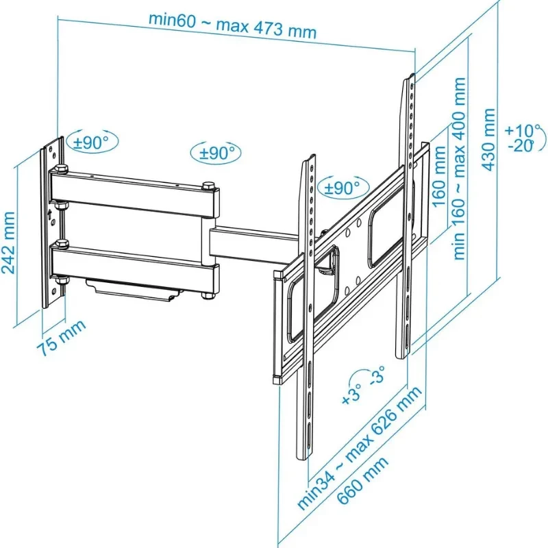 TooQ LP6070TN-B suporte de parede articulado para TVs 37–70, braço extensível 60–473 mm, inclinação +10°/−20°, rotação ±90°, VESA até