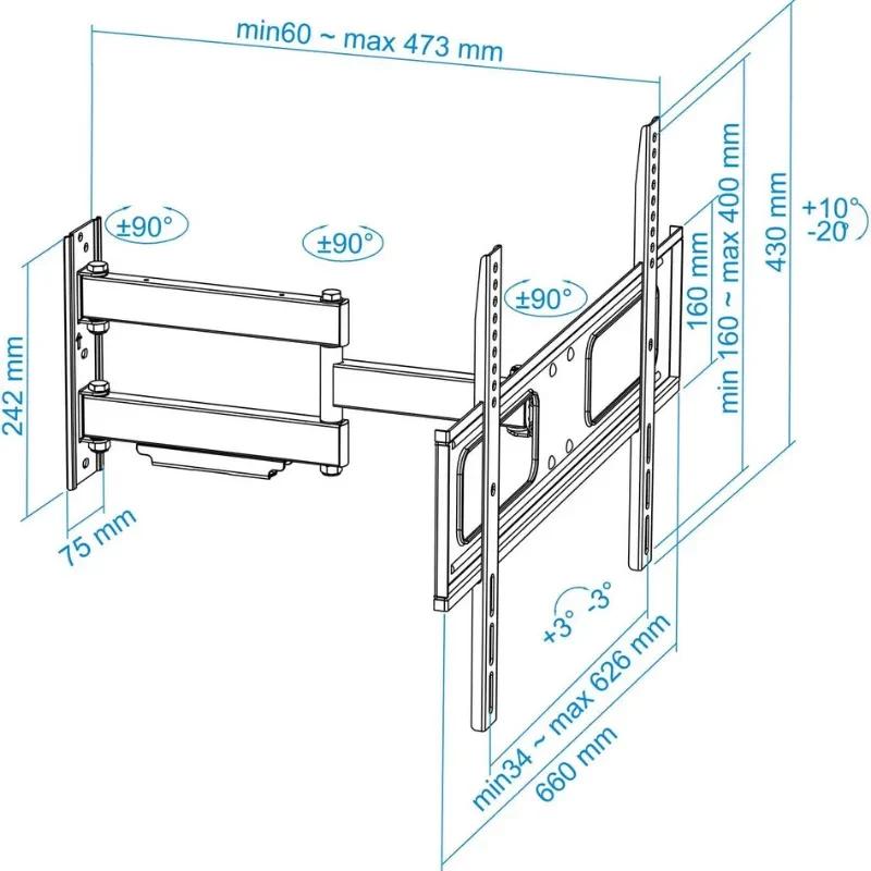 TooQ LP6070TN-B suporte de parede articulado para TVs 37–70, braço extensível 60–473 mm, inclinação +10°/−20°, rotação ±90°, VESA até
