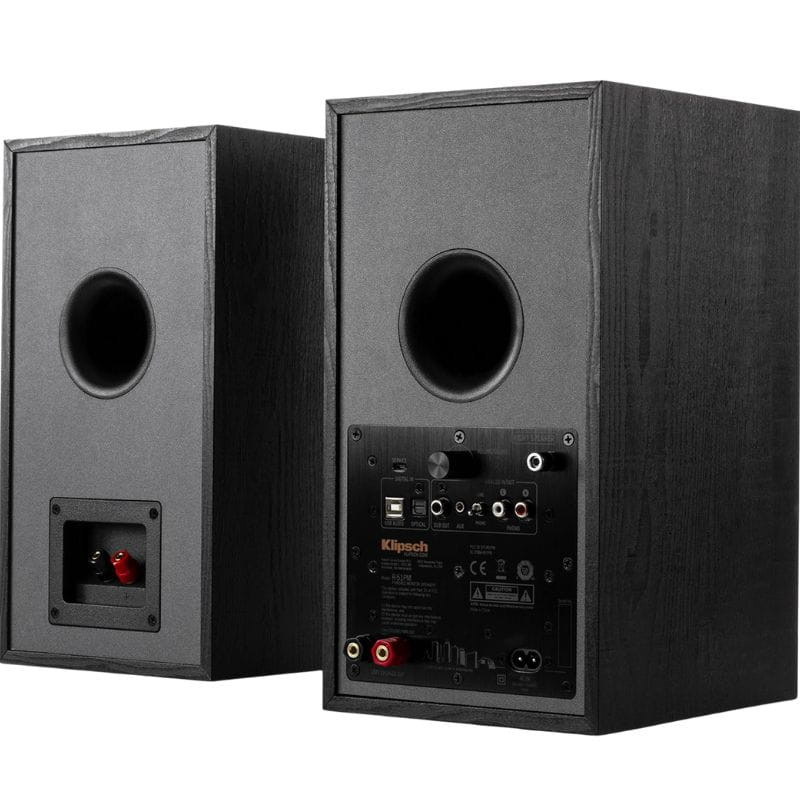 Klipsch R-51M Reference 85 W Negro con panel trasero: puerto bass reflex grande, terminales de conexión, entradas RCA y controles; acabado negro texturizado