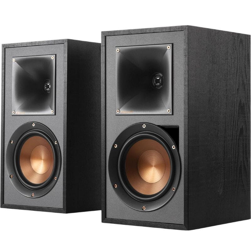 Par de altavoces de estantería Klipsch R-51M, acabado negro con woofer cobre y tweeter en bocina Tractrix; diseño rectangular compacto y elegante