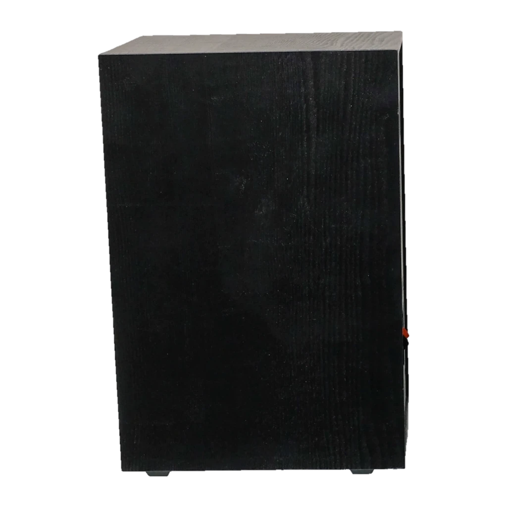 Klipsch R-41M Reference 50 W Negro, lateral en madera negra con veta visible, caja rectangular compacta y terminal trasero rojo parcialmente visible